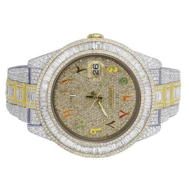 Rolex Datejust Baguette & Round VVS Diamond Fully Iced Out Yellow & White Gold 2 Tone Plated Stainless Steel Men Watch