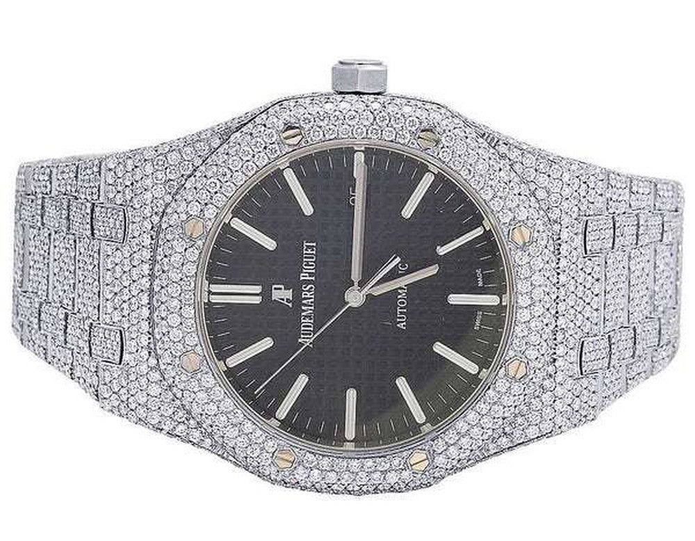 Full Iced Out VVS Diamond Men Watch, Stainless Steel White Gold Black Face 42mm Men Watch