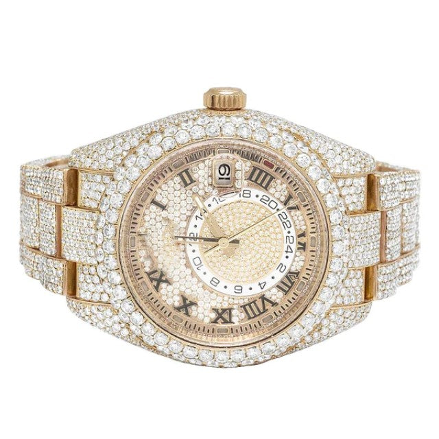 Fully Iced Out Rolex Sky Dweller Round VVS Diamond Men Watch Rose Gold Plated Stainless Steel Men Watch