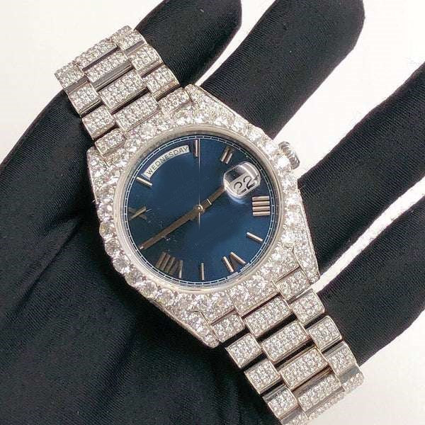 Rolex Jubilee Daydate Blue Dial VVS Diamond Men Watch, 41mm Dial White Gold Plated Stainless Steel Men Watch