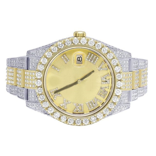 Yellow & White Gold 2 Tone Plated Stainless Steel Men Watch Rolex Datejust Round VVS Diamond Men Watch