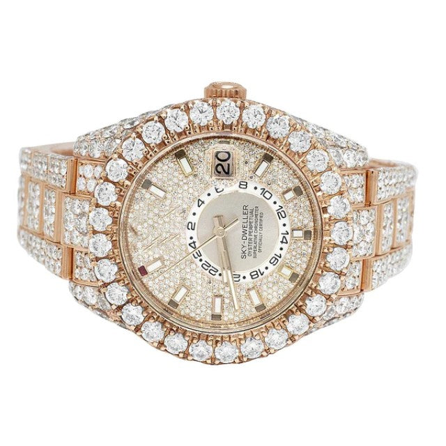 Rolex Sky Dweller Round VVS Diamond Men Watch Fully Iced Out Rose Gold Plated Stainless Steel Men Watch