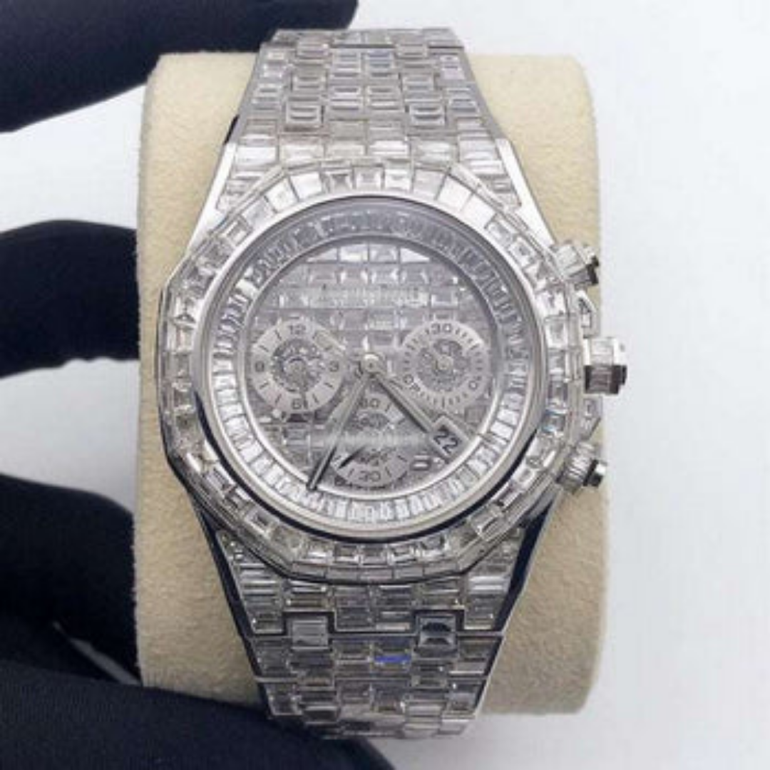 Full Iced Out VVS Baguette Diamond Men Watch, Stainless Steel All Chronology Working White Gold Plated 42mm Men Watch