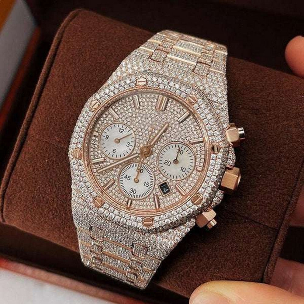 Full Iced Out VVS Diamond Men Watch, Stainless Steel All Chronograph Working 2 Tone Gold Plated 42mm Men Watch