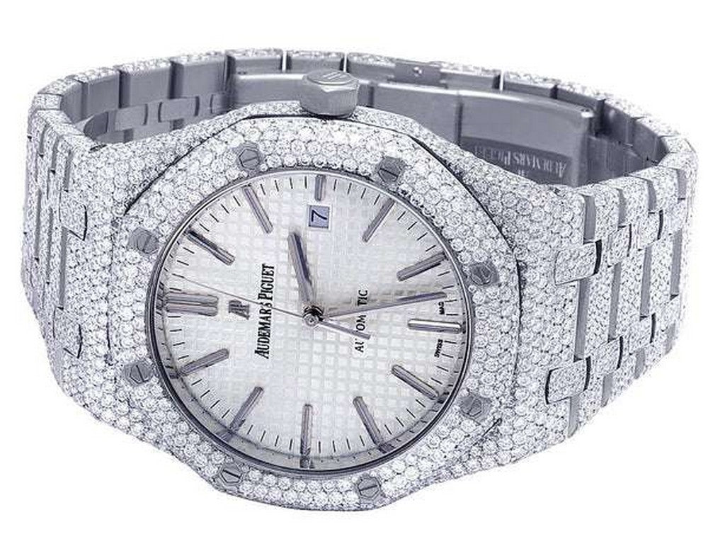 Full Iced Out VVS Diamond Men Watch, Stainless Steel White Gold Arabic Font 42mm Men Watch