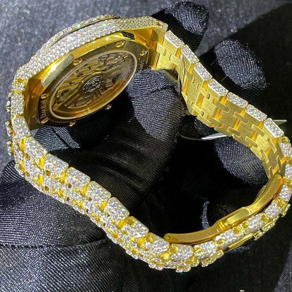 Full Iced Out VVS Diamond Men Watch, Stainless Steel Yellow Gold 42mm Men Watch