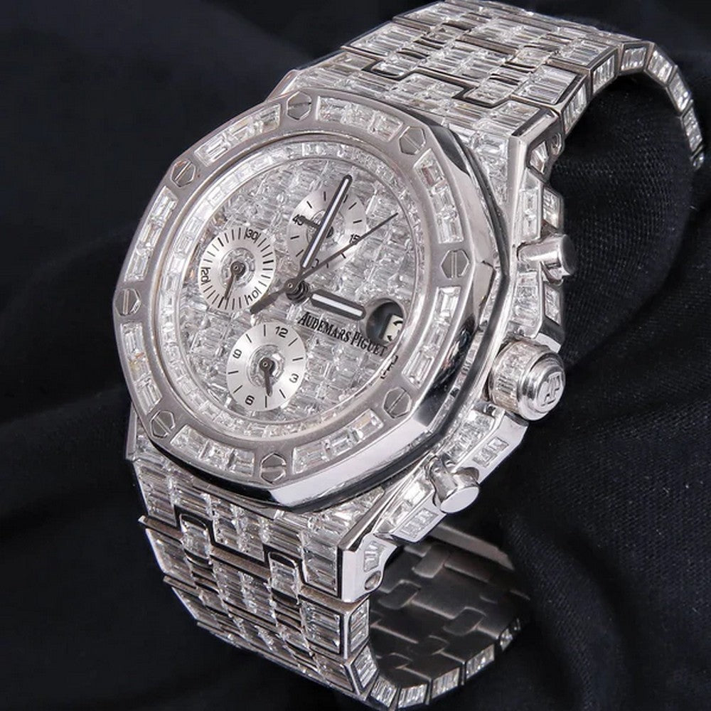 Full Iced Out VVS Baguette Diamond Men Watch, Stainless Steel All Chronology Working White Gold Plated 42mm Men Watch