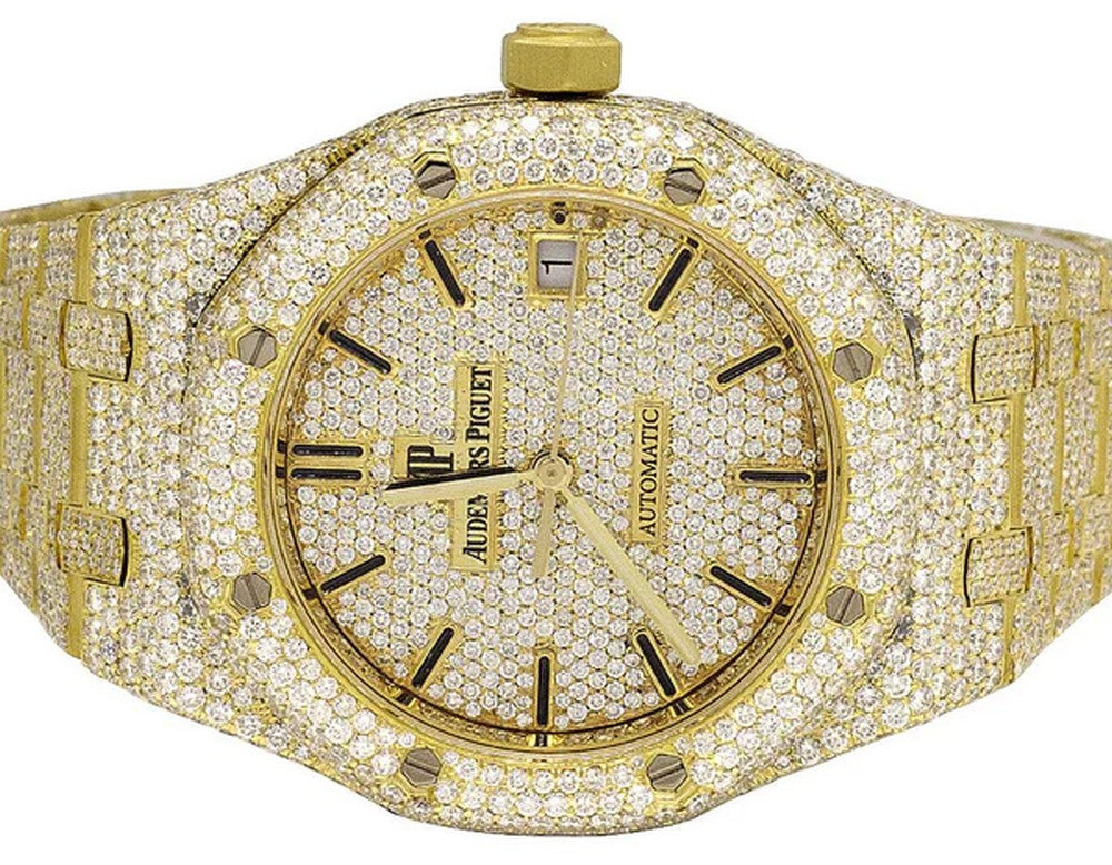 Full Iced Out VVS Diamond Men Watch, Stainless Steel Yellow Gold Plated 42mm Men Watch