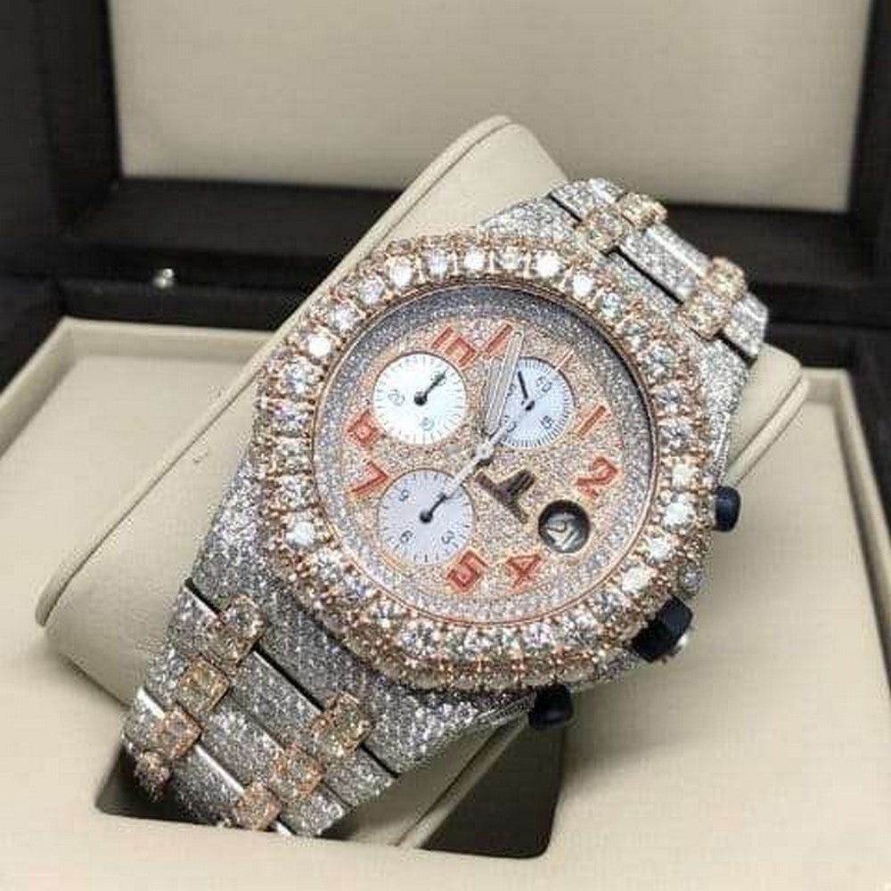 Full Iced Out VVS Diamond Men Watch, Stainless Steel All Chronograph Working 2 Tone Gold Plated 42mm Men Watch