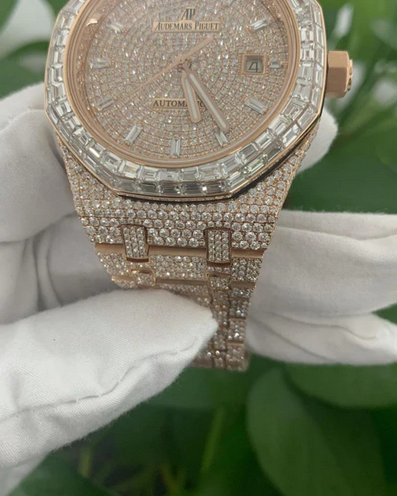 Baguette & Round VVS Diamond Full Iced Out Watch, Stainless Steel Self Winding Diamond Watch For Him, VVS Diamond Watch