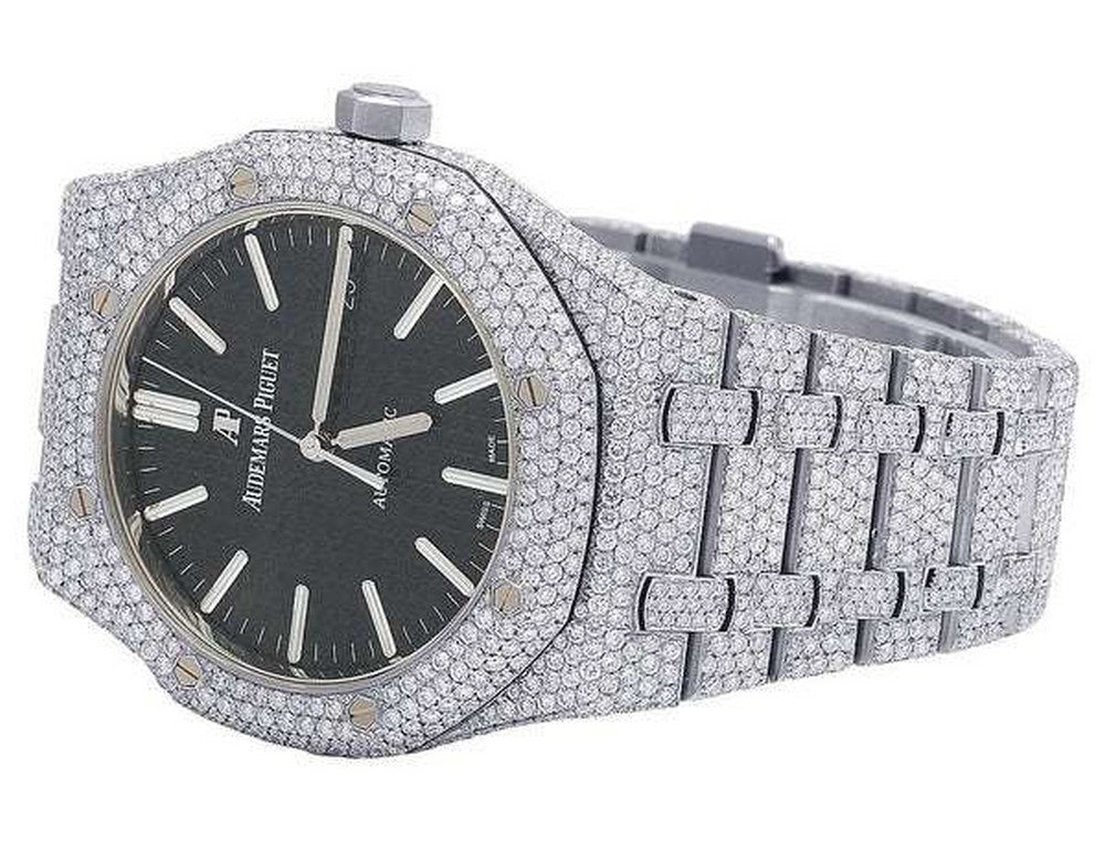 Full Iced Out VVS Diamond Men Watch, Stainless Steel White Gold Black Face 42mm Men Watch