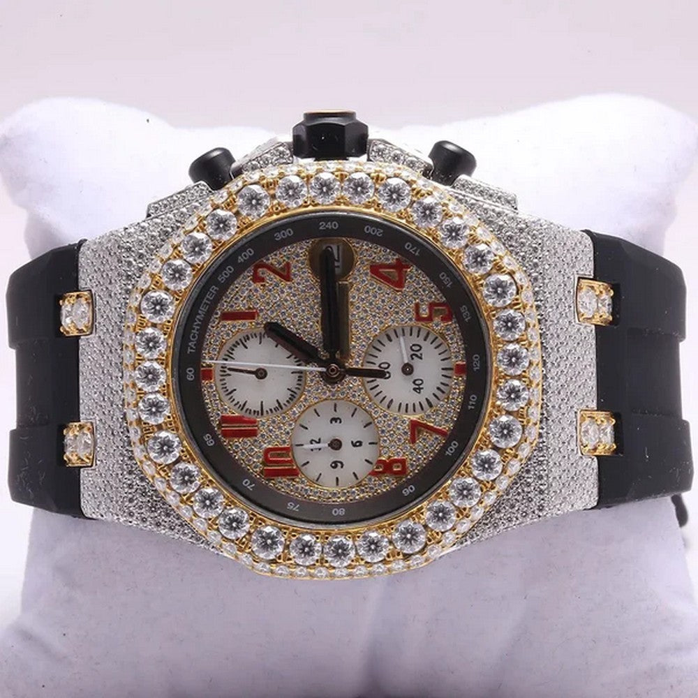 Full Iced Out VVS Diamond Men Watch, Black Silicon Band All Chronology Working 42mm Men Watch