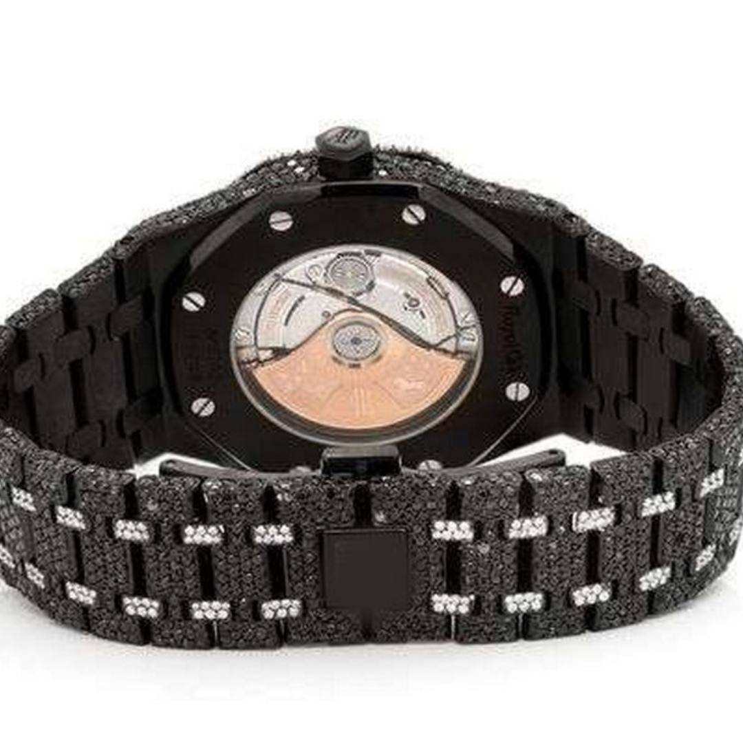 Full Iced Out Black And White VVS Diamond Men Watch, Stainless Steel Black Gold Plated 42mm Men Watch