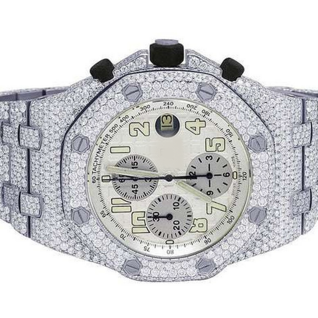 Full Iced Out VVS Diamond Men Watch, Stainless Steel All Chronograph Working White Gold Plated 42mm Men Watch