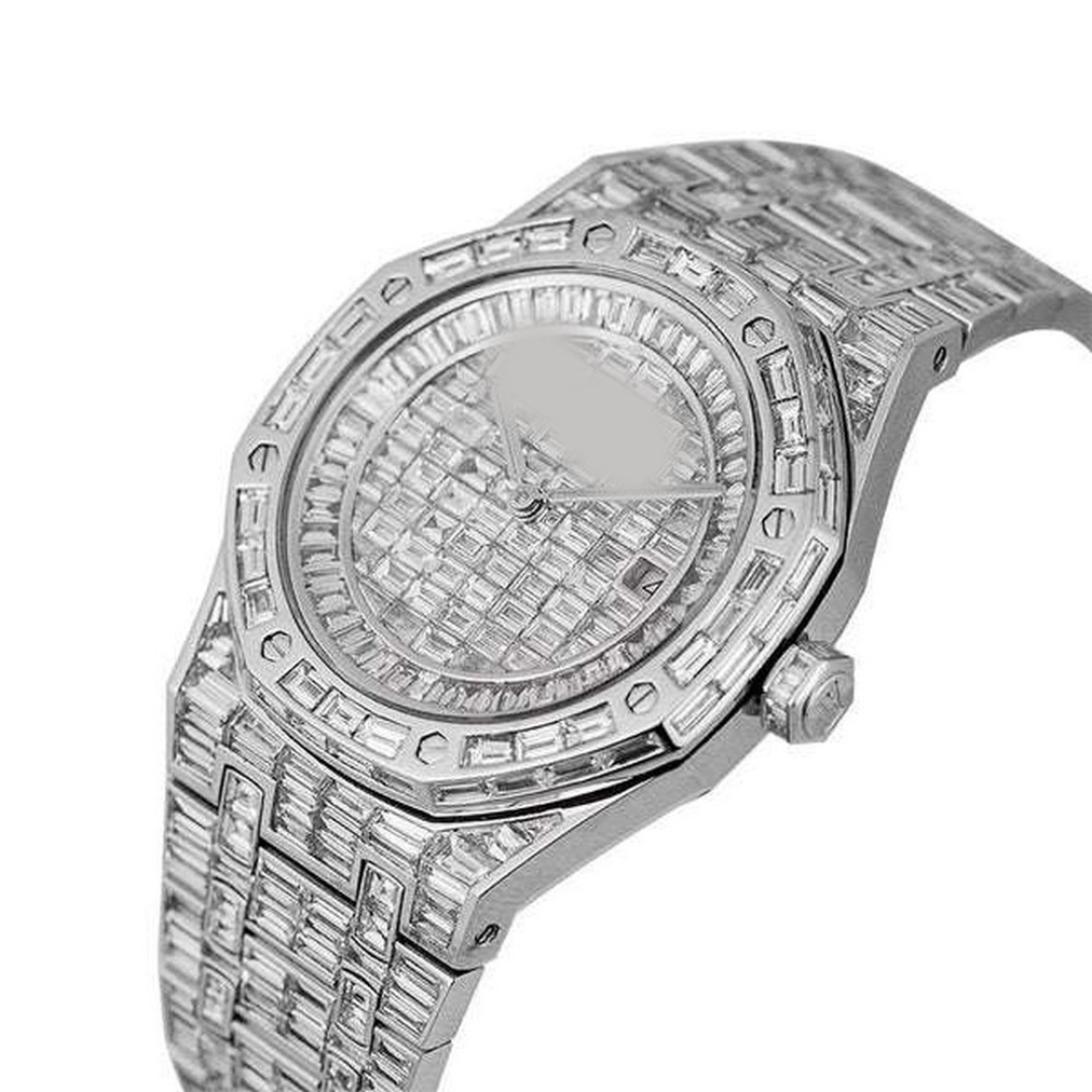 Full Iced Out VVS Baguette Diamond Men Watch, Stainless Steel White Gold Plated 42mm Men Watch