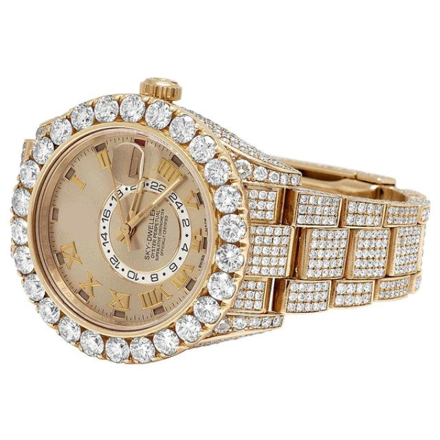 Round VVS Diamond Rose Gold Plated Stainless Steel Men Rolex Sky Dweller Round VVS Diamond Men Watch