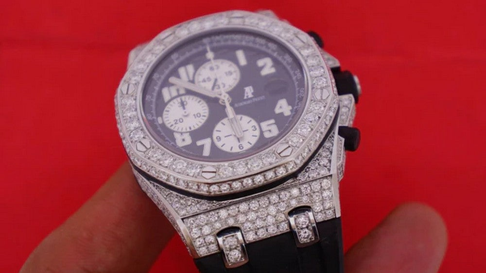 Full Iced Out VVS Diamond Men Watch, Silicon Black Band All Chronology Working 42mm Men Watch