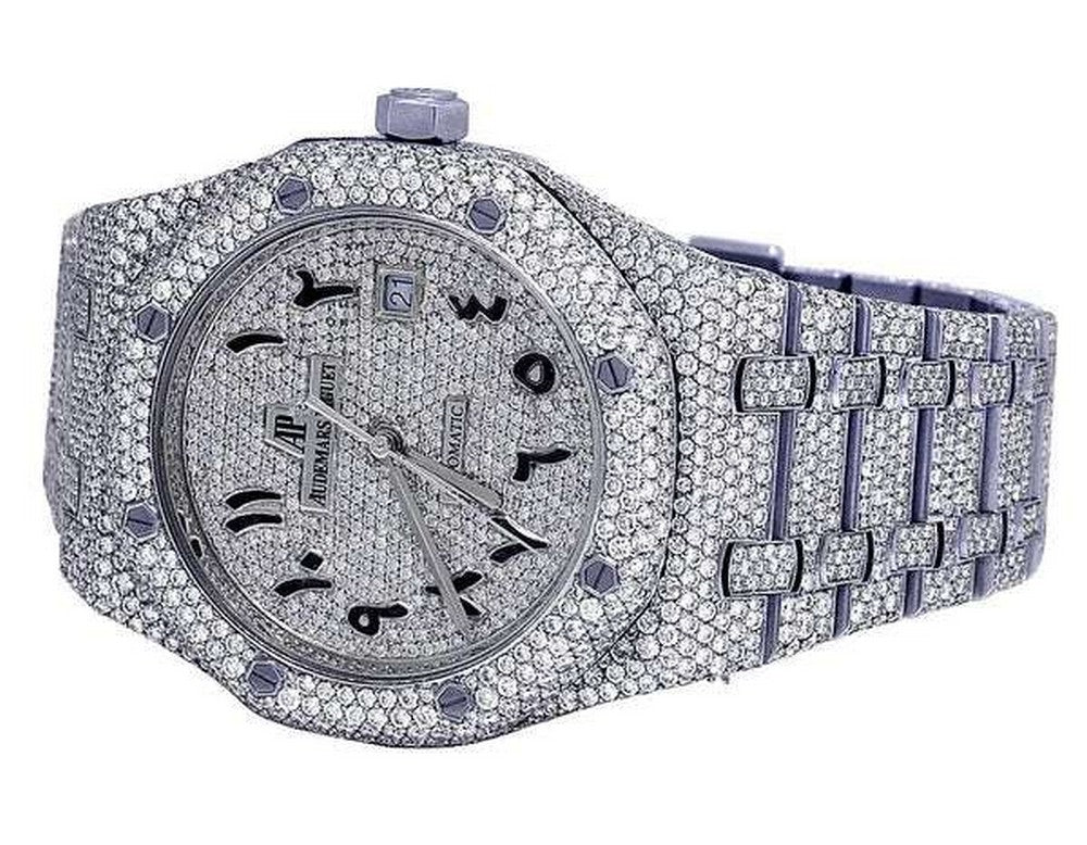 Full Iced Out VVS Diamond Men Watch, Stainless Steel White Gold Arabic Font 42mm Men Watch