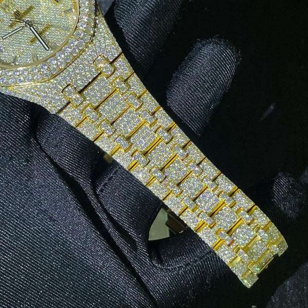 Full Iced Out VVS Diamond Men Watch, Stainless Steel Yellow Gold 42mm Men Watch