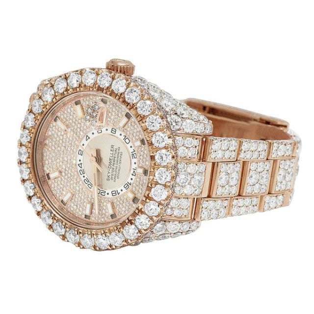 Rolex Sky Dweller Round VVS Diamond Men Watch Fully Iced Out Rose Gold Plated Stainless Steel Men Watch