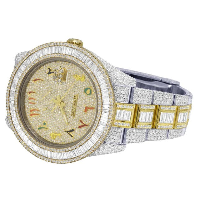 Rolex Datejust Baguette & Round VVS Diamond Fully Iced Out Yellow & White Gold 2 Tone Plated Stainless Steel Men Watch