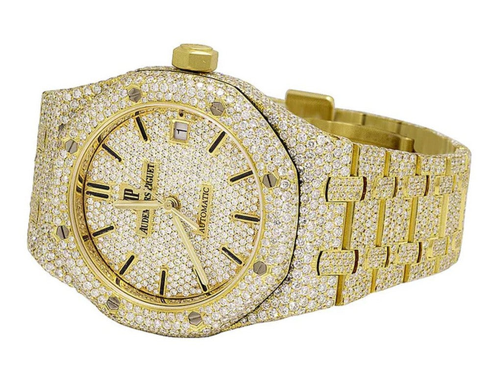 Full Iced Out VVS Diamond Men Watch, Stainless Steel Yellow Gold Plated 42mm Men Watch