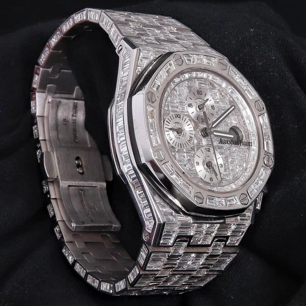 Full Iced Out VVS Baguette Diamond Men Watch, Stainless Steel All Chronology Working White Gold Plated 42mm Men Watch