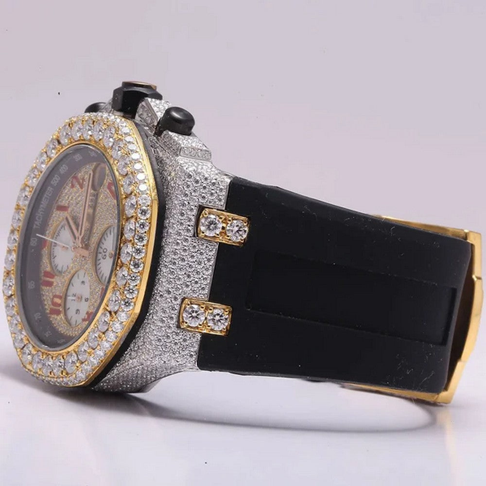 Full Iced Out VVS Diamond Men Watch, Black Silicon Band All Chronology Working 42mm Men Watch