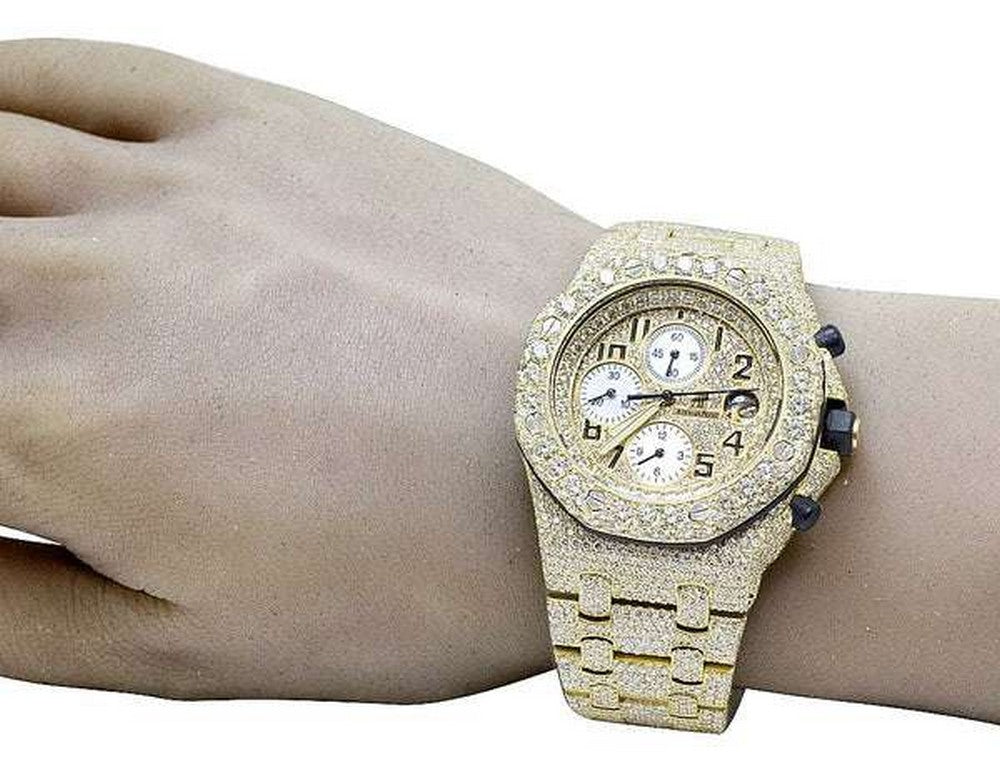 Full Iced Out VVS Diamond Men Watch, Stainless Steel Yellow Gold Plated All Chronograph Working 42mm Men Watch