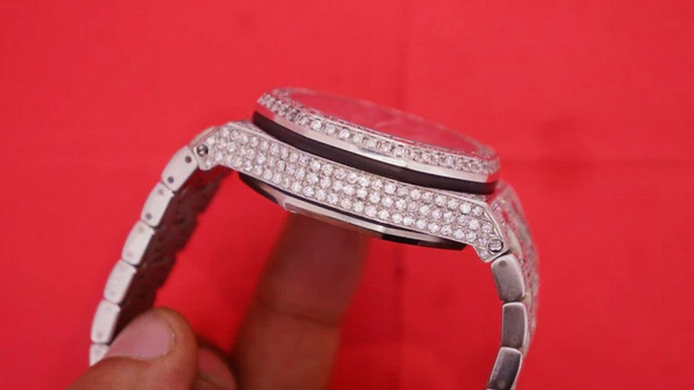 Full Iced Out VVS Diamond Men Watch, Silicon Black Band All Chronology Working 42mm Men Watch