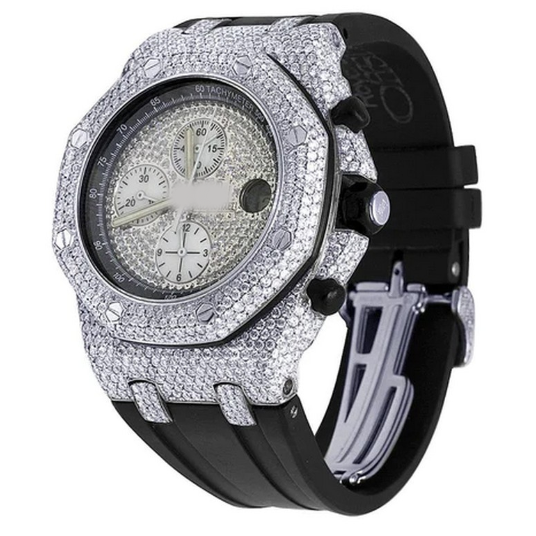 Full Iced Out VVS Diamond Men Watch, Black Silicon Band All Chronology Working 42mm Men Watch