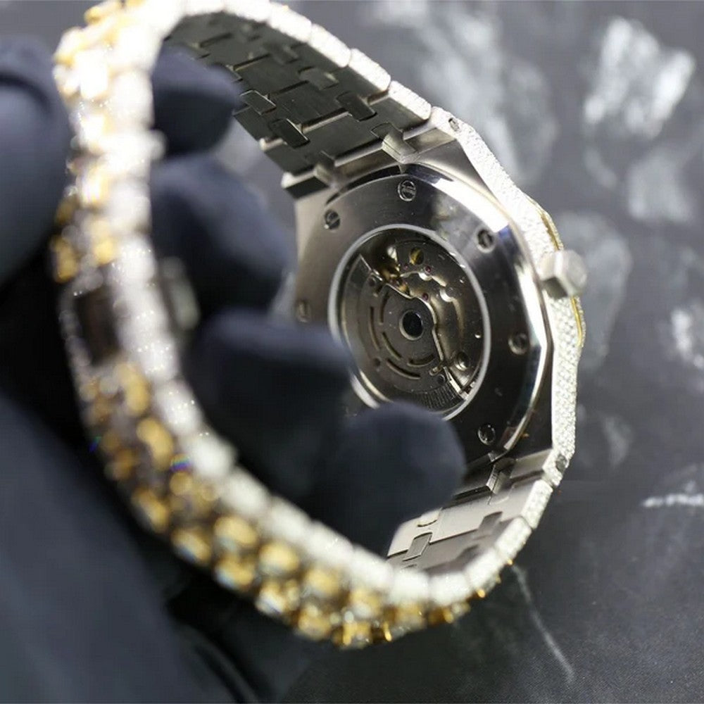 Baguette & Round VVS Diamond Full Iced Out Watch, Stainless Steel Self Winding Diamond Watch For Him, VVS Diamond Watch