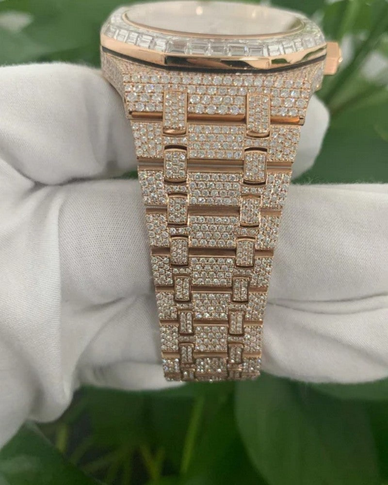 Baguette & Round VVS Diamond Full Iced Out Watch, Stainless Steel Self Winding Diamond Watch For Him, VVS Diamond Watch