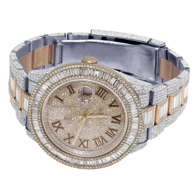 Baguette & Round VVS Diamond Rolex Datejust  Rose & White Gold 2 Tone Plated Stainless Steel Men Watch