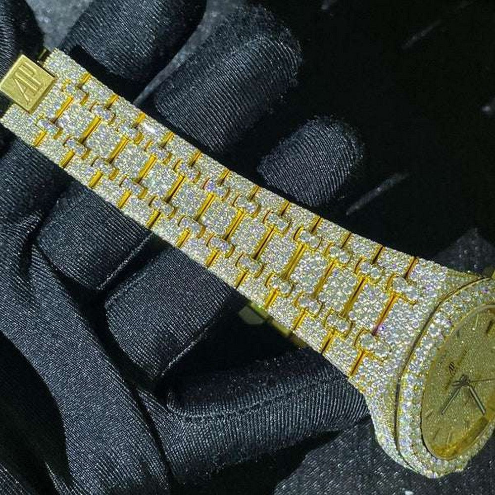 Full Iced Out VVS Diamond Men Watch, Stainless Steel Yellow Gold 42mm Men Watch