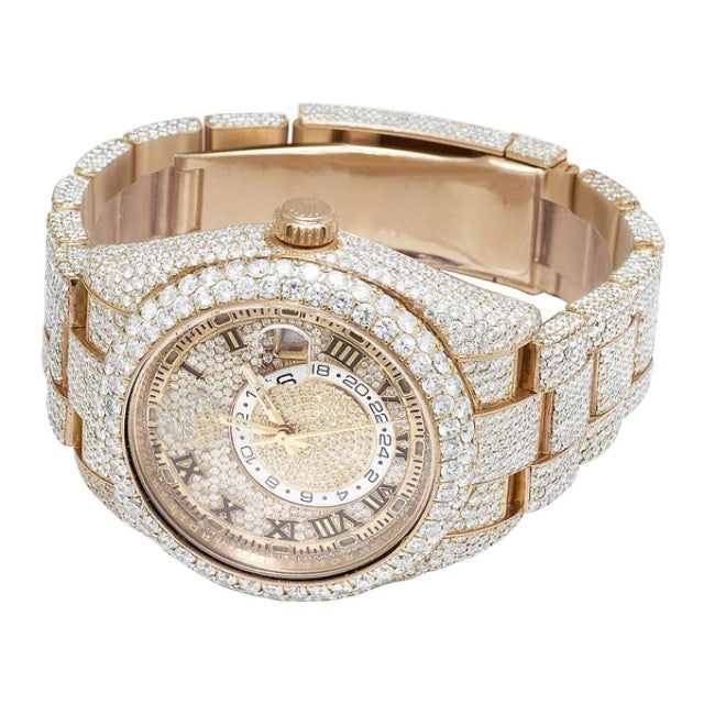 Fully Iced Out Rolex Sky Dweller Round VVS Diamond Men Watch Rose Gold Plated Stainless Steel Men Watch