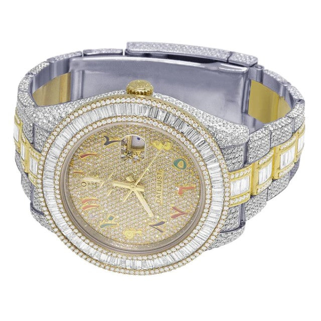 Rolex Datejust Baguette & Round VVS Diamond Fully Iced Out Yellow & White Gold 2 Tone Plated Stainless Steel Men Watch