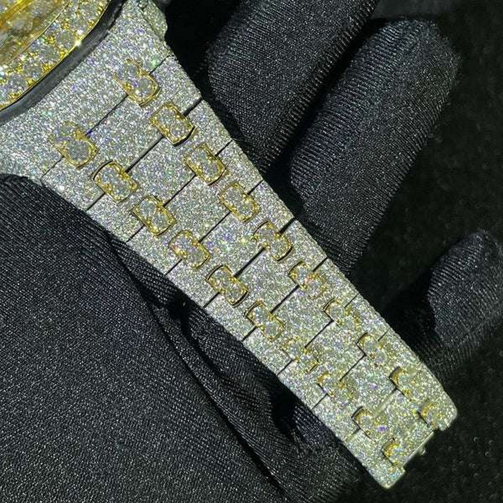 Full Iced Out VVS Diamond Men Watch, Stainless Steel All Chronograph Working 42mm Men Watch, White & Yellow Gold Plated Birthday Gift Watch