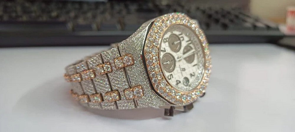 Full Iced Out VVS Diamond Men Watch, Stainless Steel All Chronograph Working 2 Tone Gold Plated 42mm Men Watch