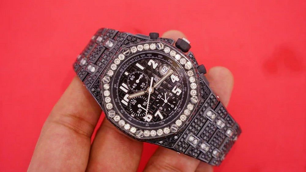 Full Iced Out Black VVS Diamond Men Watch, Stainless Steel White Gold Plated All Chronograph Working 42mm Men Watch