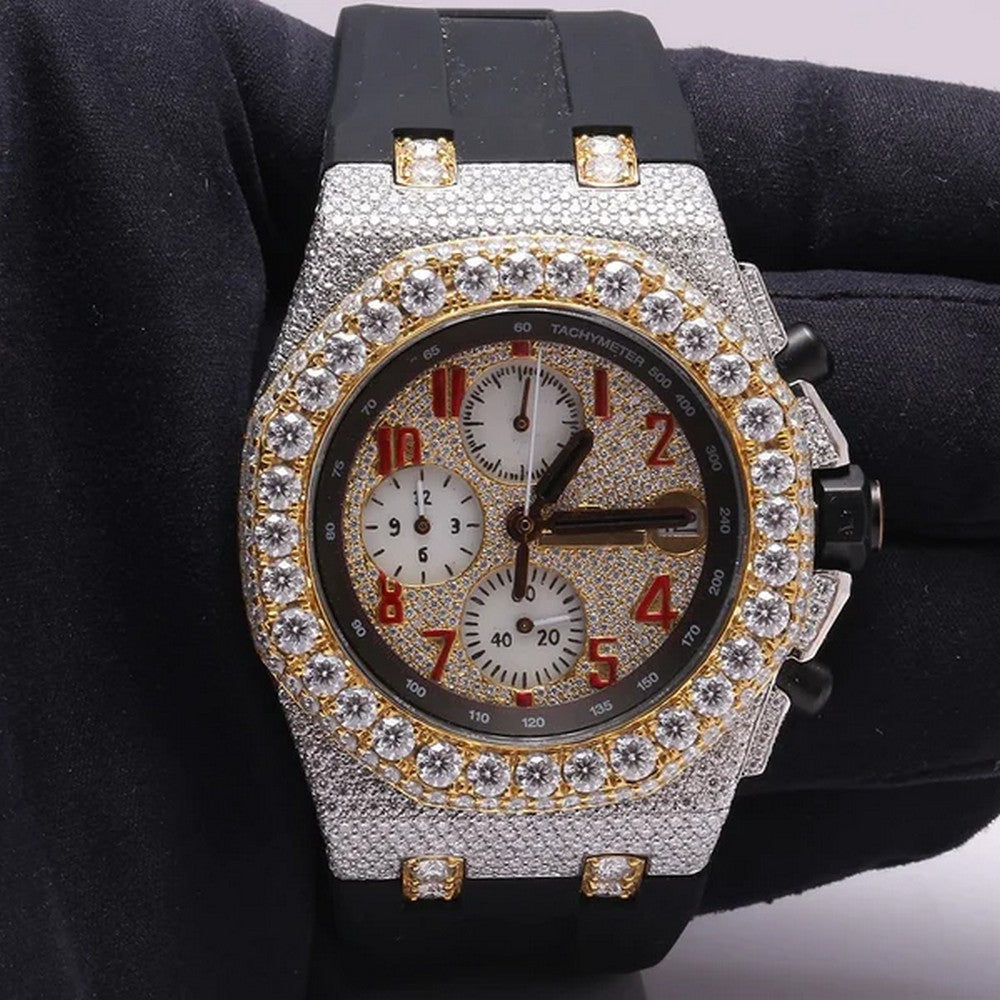 Full Iced Out VVS Diamond Men Watch, Black Silicon Band All Chronology Working 42mm Men Watch