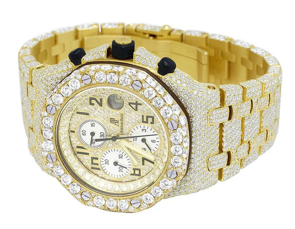 Full Iced Out VVS Diamond Men Watch, Stainless Steel Yellow Gold Plated All Chronograph Working 42mm Men Watch