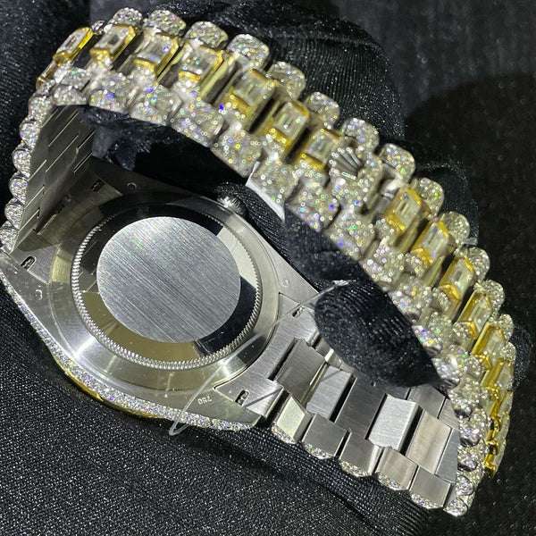 Rolex Daydate Full Iced Out VVS Diamond Watch, Baguette And Round VVS Diamond Wrist Watch For Men