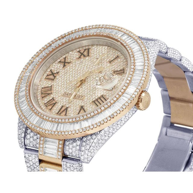 Baguette & Round VVS Diamond Rolex Datejust  Rose & White Gold 2 Tone Plated Stainless Steel Men Watch