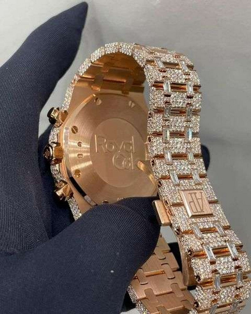 Full Iced Out VVS Diamond Men Watch, Stainless Steel All Chronograph Working Rose Gold Plated 42mm Men Watch