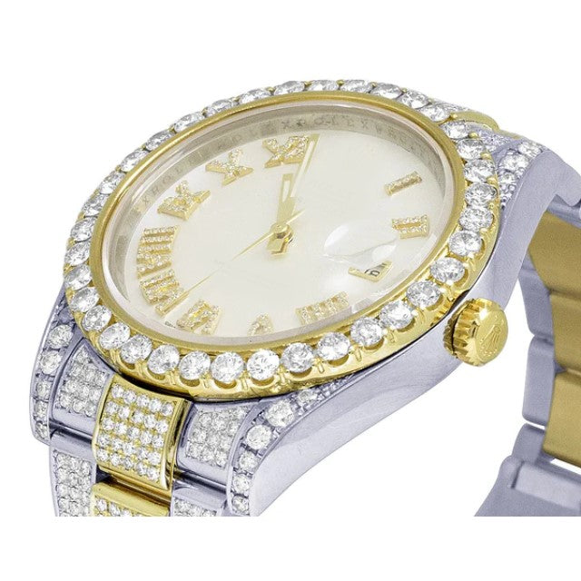 Yellow & White Gold 2 Tone Plated Stainless Steel Men Watch For Gift, Fully Iced Out