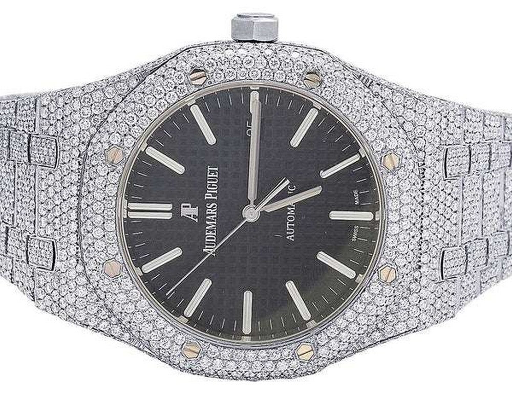 Full Iced Out VVS Diamond Men Watch, Stainless Steel White Gold Black Face 42mm Men Watch