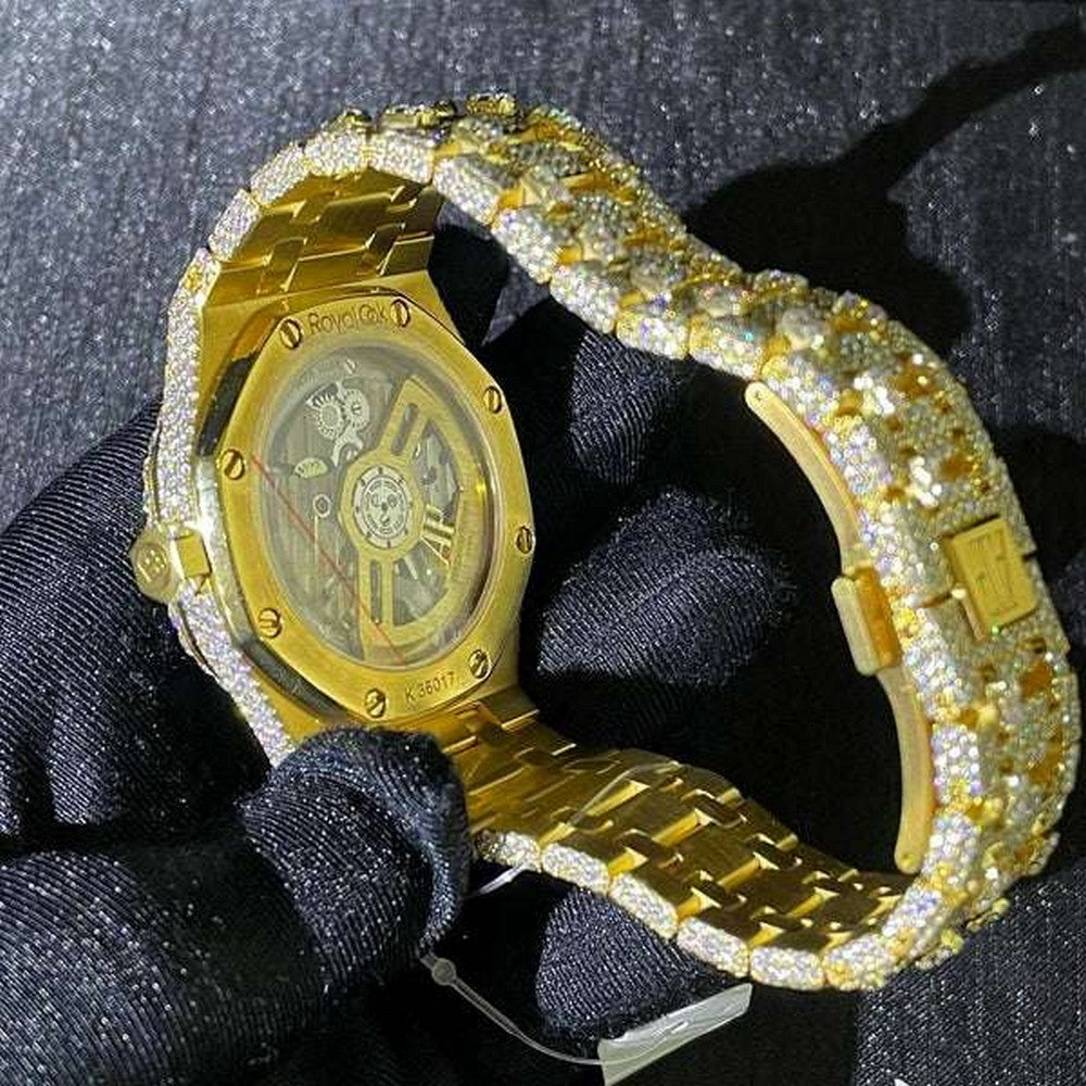 Full Iced Out VVS Diamond Men Watch, Stainless Steel Yellow Gold 42mm Men Watch