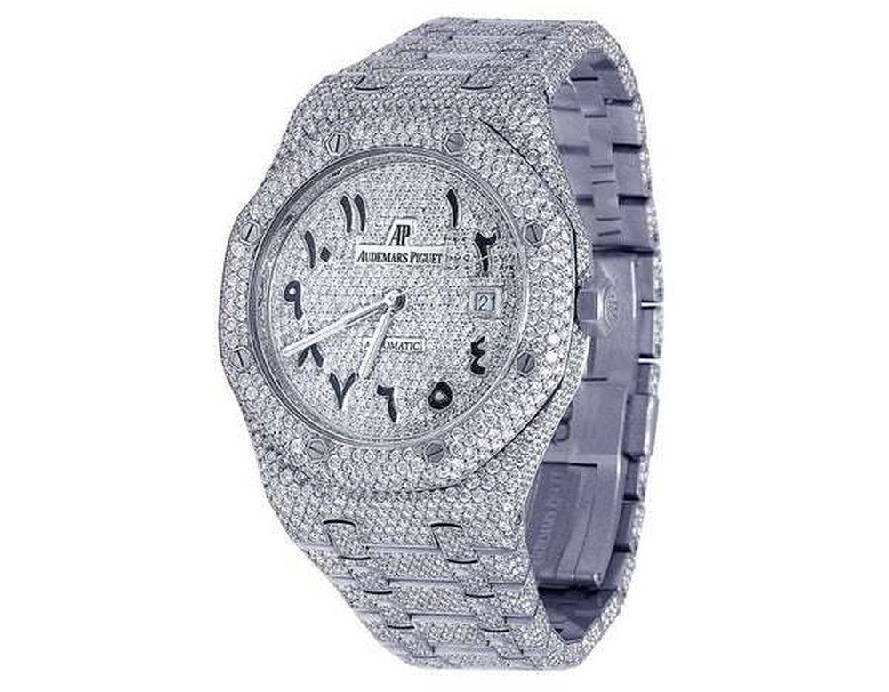 Full Iced Out VVS Diamond Men Watch, Stainless Steel White Gold Arabic Font 42mm Men Watch