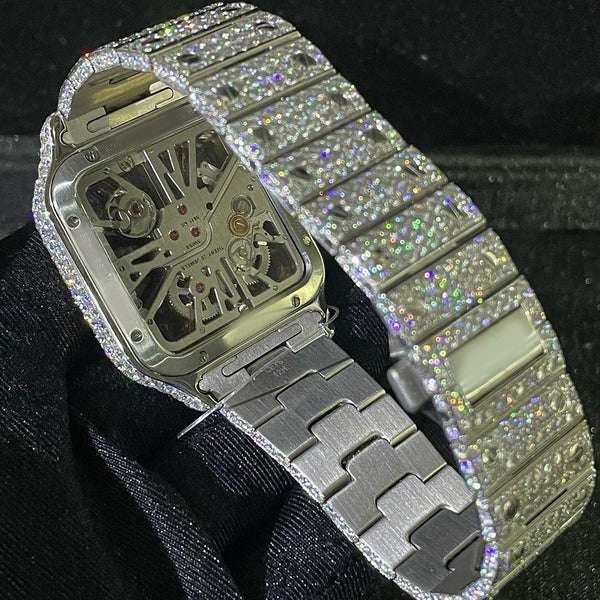 Cartier Santos Skeleton VVS Diamond Men Watch, Stainless Steel White & Rose Gold Plated Men Watch For Birthday Gift